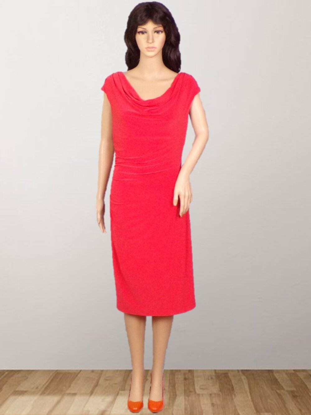SHARAGANO size 4 red-orange midi sheath dress polyester/spandex machine wash